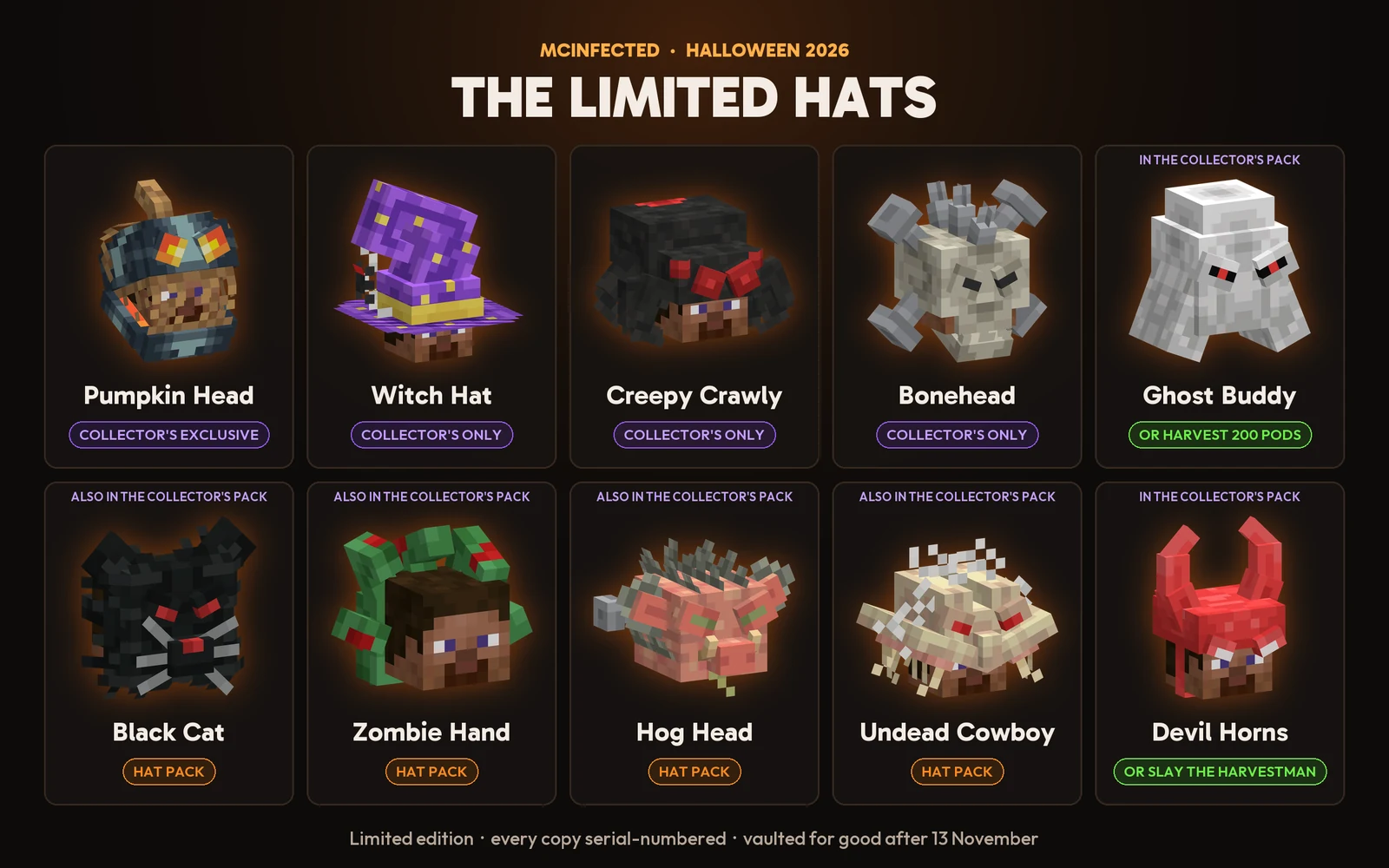 All ten Halloween hats by name, with the pack each one comes in