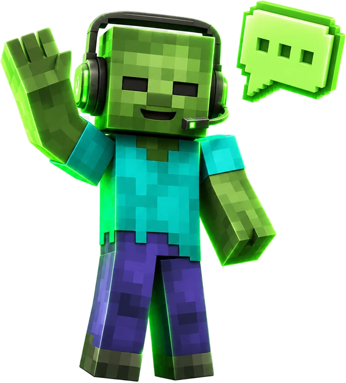 A friendly zombie wearing a gaming headset and waving